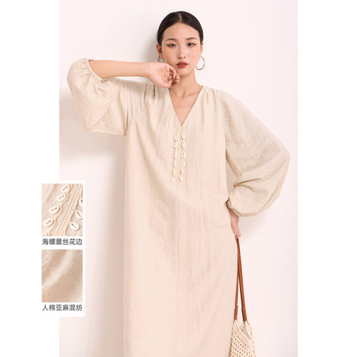 亚麻连衣裙贝壳长裙女装2025年春秋新款设计感复古简约宽松慵懒风