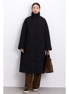 加厚立领棉服易打理树皮皱防风立领宽松长款黑色加棉大衣女新款
