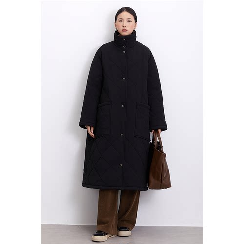 CR黑色树皮皱宽松长款立领棉服