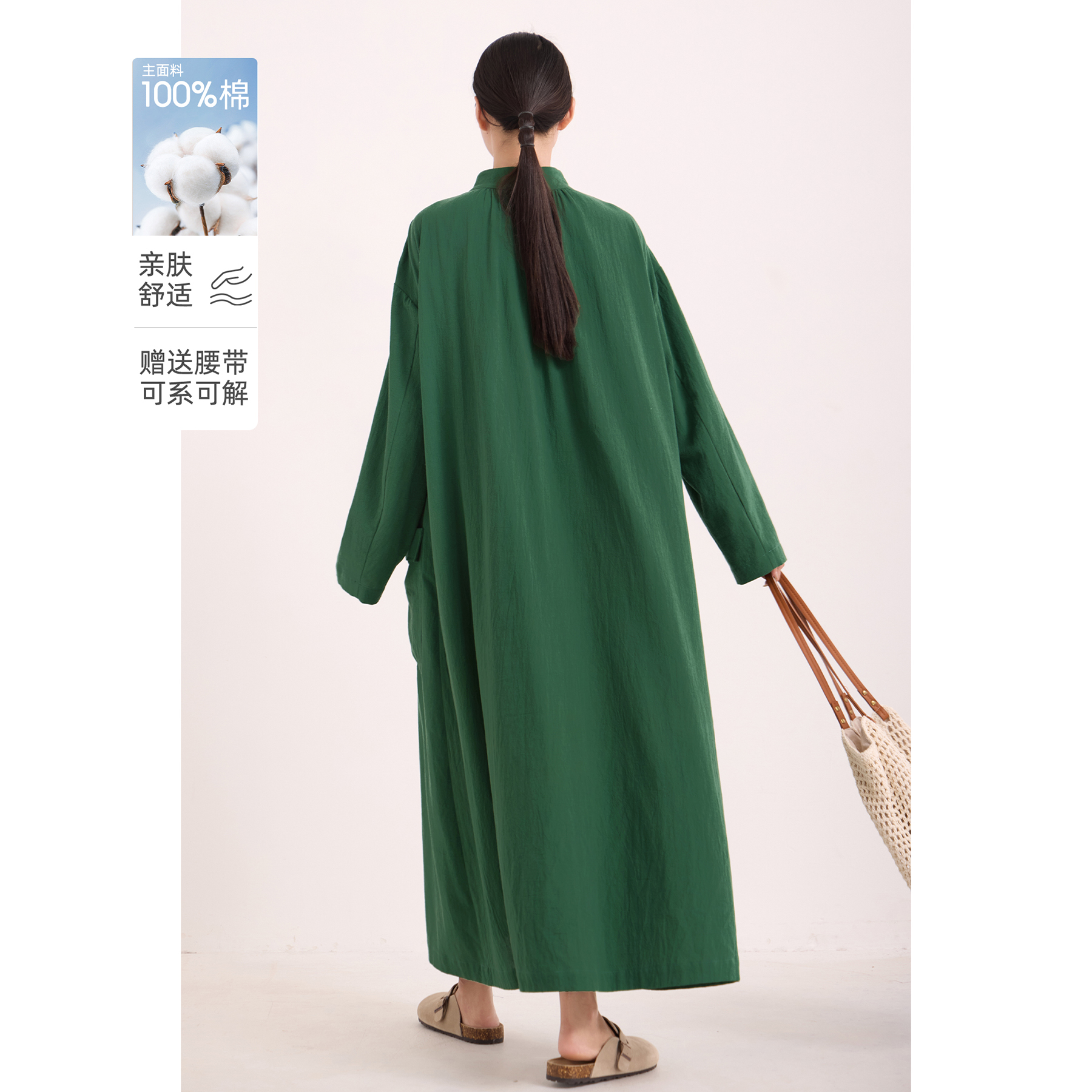 巨好看的复古绿色连衣裙纯棉长袖