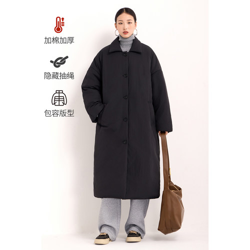 黑色翻领中长款棉服简约休闲棉衣