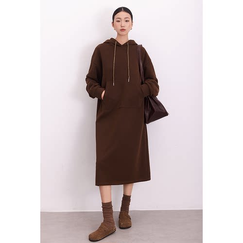CR加绒休闲连帽长款卫衣连衣裙