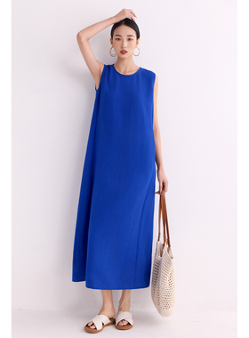 2026春夏新款无袖连衣裙女蓝色直筒背心长裙慵懒风松弛感连身裙子