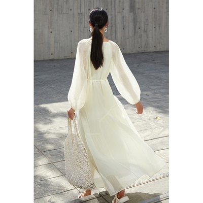 CR天丝皱宽松长裙海边通勤送腰带