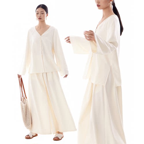 CR温柔奶昔米白宽松v领长袖衬衫