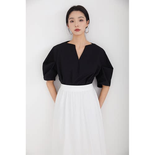 CR黑色衬衫女装设计感小众别致灯笼短袖夏季新款薄款宽松法式上衣