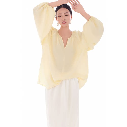 cr奶油黄松弛感长袖上衣宽松罩衫