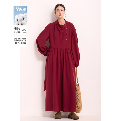 法式荡领红色纯棉连衣裙宽松长袖收腰连身裙气质风格女装春秋新款