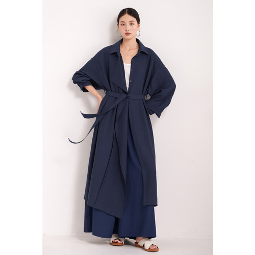 CR藏蓝衬衫领荷叶边长袖风衣外套