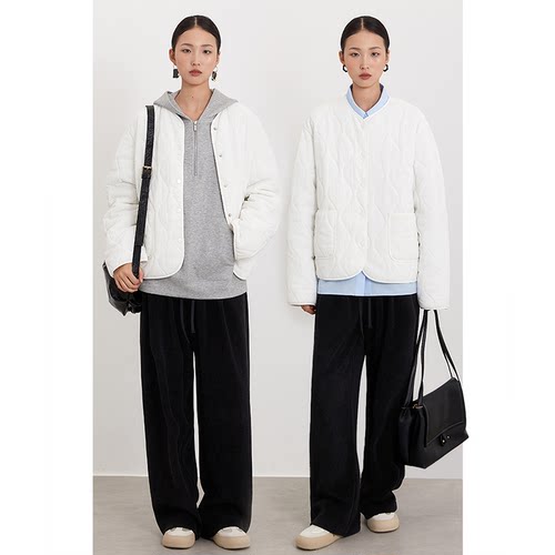 CR白色短款圆领棉服外套通勤简约