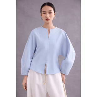 衬衫收腰显瘦气质衬衣设计感灯笼袖上衣高级蓝色新款长袖通勤女装