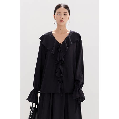 CR黑色系带荷叶边长袖衬衫