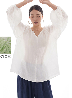 CR100%苎麻白衬衫女宽松休闲慵懒感上衣灯笼袖气质小衫松弛老钱风