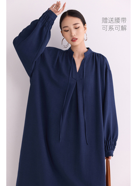 连衣裙长袖连身裙子女宽松显瘦藏蓝色慵懒风松弛感穿搭春夏秋新款