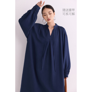 连衣裙长袖 连身裙子女宽松显瘦藏蓝色慵懒风松弛感穿搭春夏秋新款