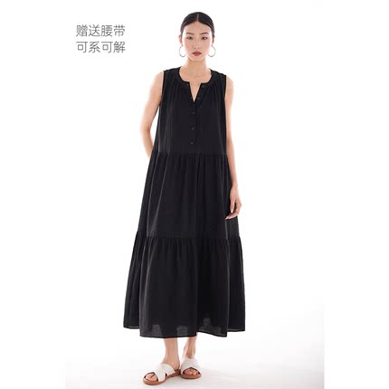 连衣裙无袖长裙系扣裙子2026初夏穿搭五一出游夏日连身裙海边黑色