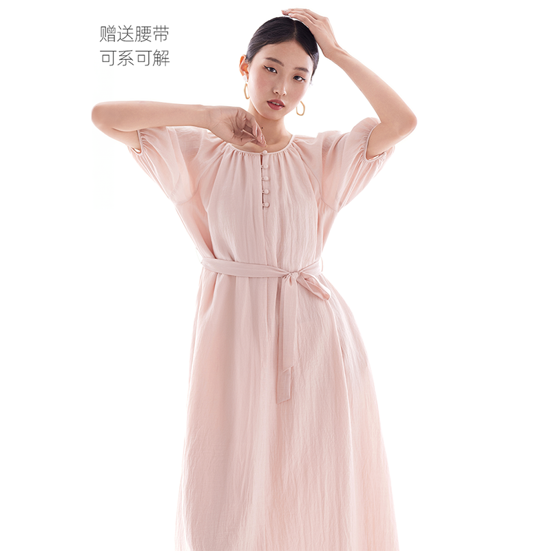 连衣裙圆领短袖设计扣松弛气质宽松系带显瘦2025春夏新款女士粉色,女装/女士精品,连衣裙,淘宝优惠券,粉丝福利购,淘宝优惠卷