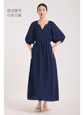 连衣裙短袖长裙子女装V领2026初夏穿搭连身裙宽松松弛风气质藏蓝