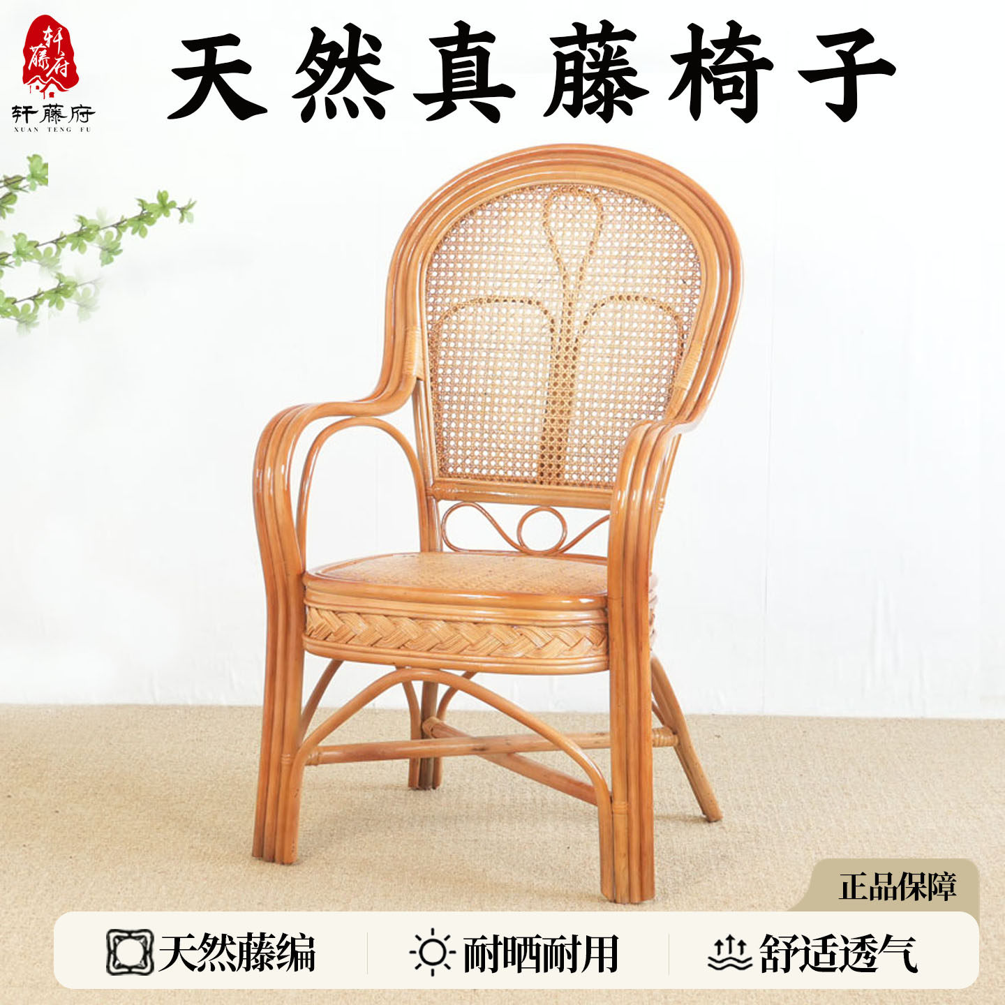 棕绳真藤编织椅子老人靠背座椅单人藤椅办公茶椅阳台休闲凉椅家用