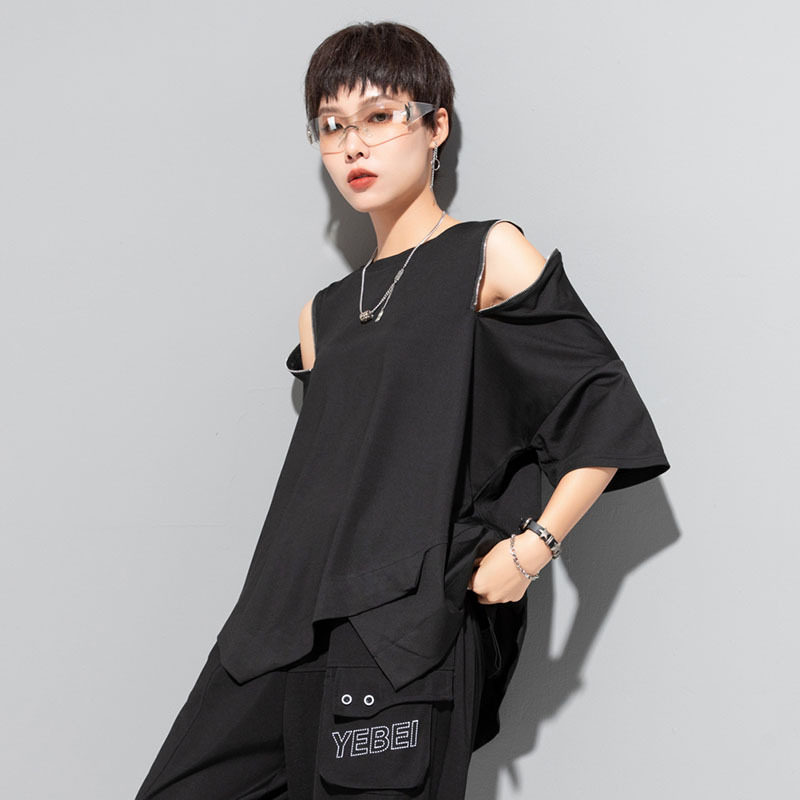 欧美休闲露肩短袖T恤个性不规则拼接上衣拉链宽松小众时尚女装潮