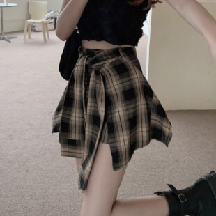 假两件不规则设计感半身裙女2025新款 夏季 辣妹黑色格子a字短裙裤