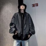 MA540-P83高级黑灰色纹理拉链连帽假两件皮夹克宽松飞行员pu皮衣，男装夹克，星座1611A