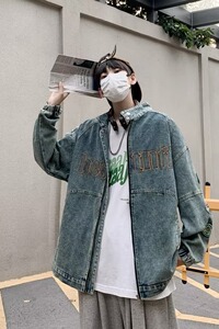 MC662-P70美式复古机车风牛仔外套男潮牌重工刺绣拉链立领夹克图片