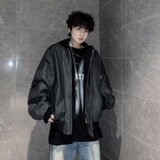 MA540-P83高级黑灰色纹理拉链连帽假两件皮夹克宽松飞行员pu皮衣，男装夹克，星座1611A