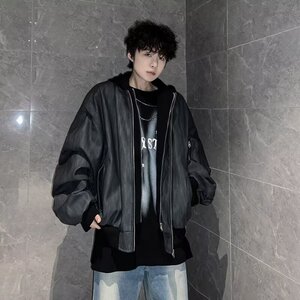 MA540-P83高级黑灰色纹理拉链连帽假两件皮夹克宽松飞行员pu皮衣