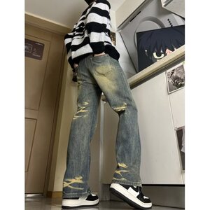 MA668-P52黄泥色直筒裤长裤美式嘻哈牛仔裤潮微弹水洗常规牛仔裤图片