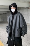 MA421-P83高级黑灰色纹理拉链连帽假两件皮夹克宽松百搭外套pu皮，男装夹克，星座1611A