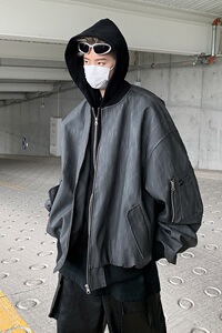 MA421-P83高级黑灰色纹理拉链连帽假两件皮夹克宽松百搭外套pu皮图片