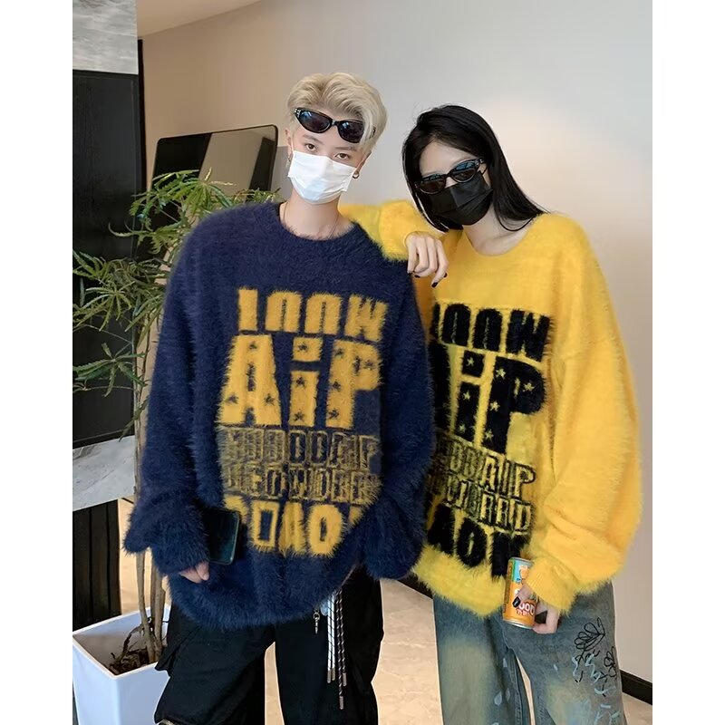 MA674-P58美式复古字母提花毛衣男女宽松慵懒风情侣针织衫上衣，男装针织衫/毛衣，星座1611A