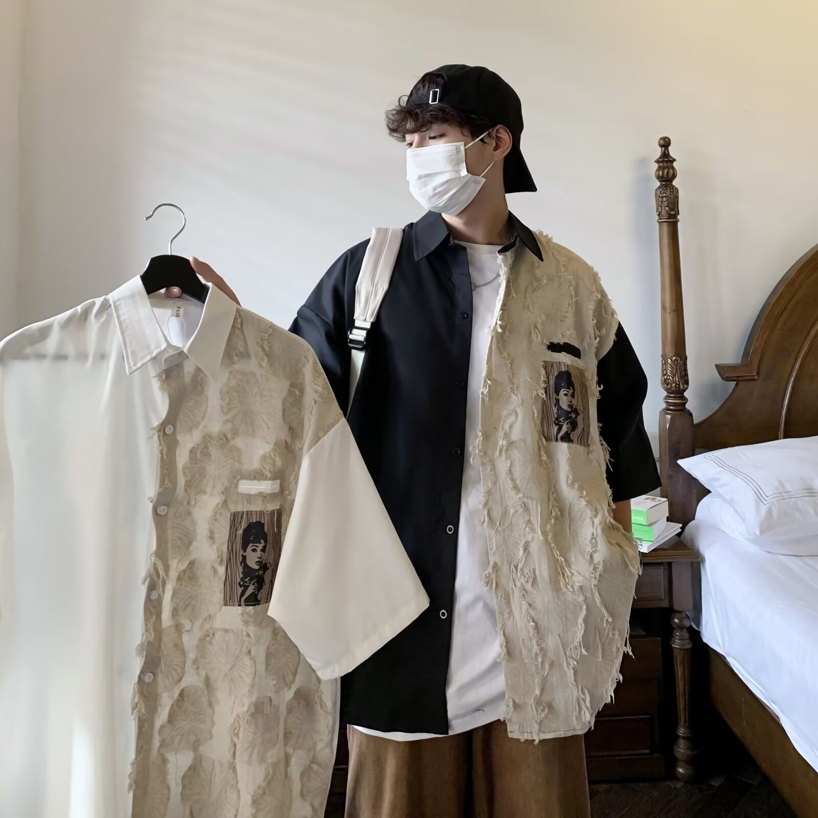 MA296-P37痞帅拼接衬衫短袖夏季港风复古休闲衬衣设计感外套,男装西服,星座1611A