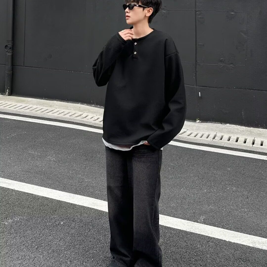 MA651-P42假两件亨利领长袖男款春秋新款重磅内搭打底衫宽松上衣,男装T恤,星座1611A