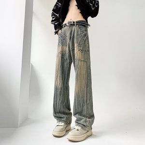 MA717-P48美式复古闪电裂纹vibe风牛仔裤男痞帅男款显瘦直筒裤子图片