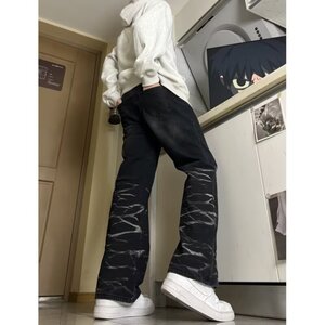 MA752-P50新款美式复古做旧水波纹牛仔裤宽松直筒欧美高街vibe裤图片