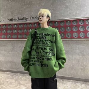MA575-P47美式复古字母鹿毛提花套头圆领毛衣慵懒风针织衫开衫图片