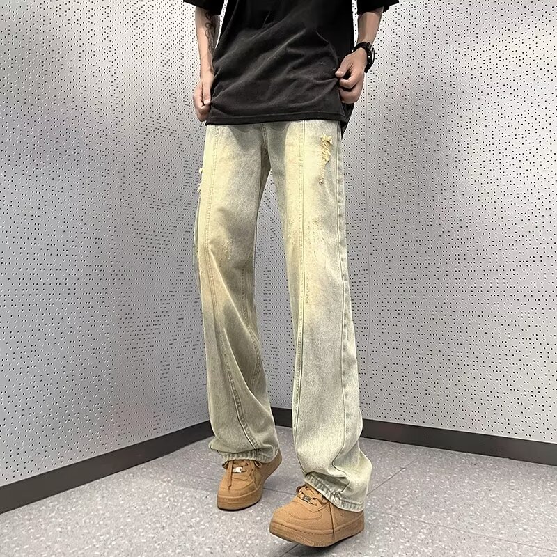 MA630-P52加绒水洗做旧牛仔裤宽松百搭直筒裤高街猫须简约长裤子图片