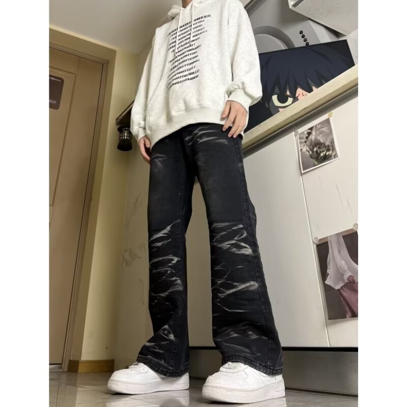 MA752-P50新款美式复古做旧水波纹牛仔裤宽松直筒欧美高街vibe裤图片