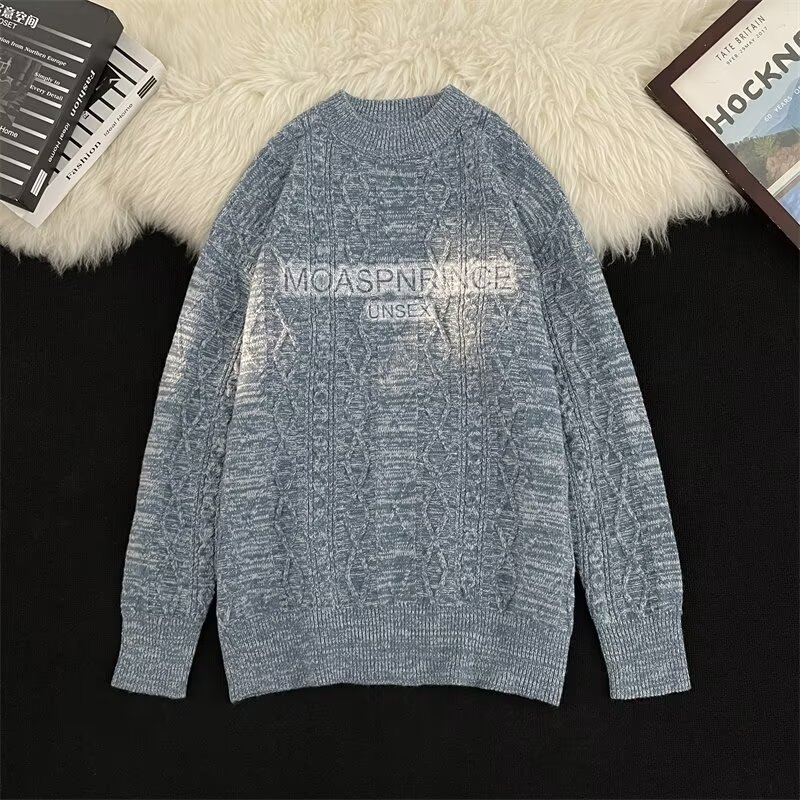 MA608-P70日系提花圆领毛衣秋冬季宽松情侣字母印花外穿针织线衣,男装针织衫/毛衣,星座1611A