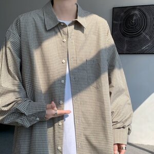 MA492-P45日系复古v无性别格子衬衫长袖格纹衬衣春秋宽松情侣外套图片