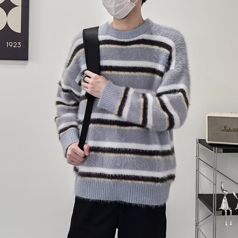 MA512-P55貂毛针织衫秋冬潮牌复古慵懒风条纹撞色宽松套头毛衣,男装针织衫/毛衣,星座1611A