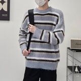 MA512-P55貂毛针织衫秋冬潮牌复古慵懒风条纹撞色宽松套头毛衣，男装针织衫/毛衣，星座1611A