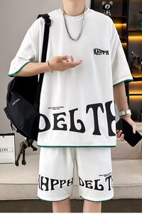 MC471-P36美式复古华夫格休闲大码字母印花五分袖男夏季宽松套装图片