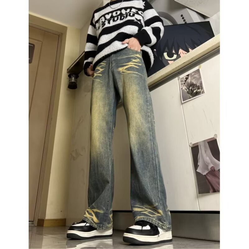 MA668-P52黄泥色直筒裤长裤美式嘻哈牛仔裤潮微弹水洗常规牛仔裤,男装牛仔裤,星座1611A