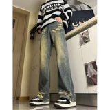 MA668-P52黄泥色直筒裤长裤美式嘻哈牛仔裤潮微弹水洗常规牛仔裤，男装牛仔裤，星座1611A