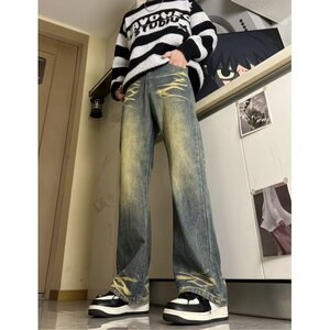 MA668-P52黄泥色直筒裤长裤美式嘻哈牛仔裤潮微弹水洗常规牛仔裤图片