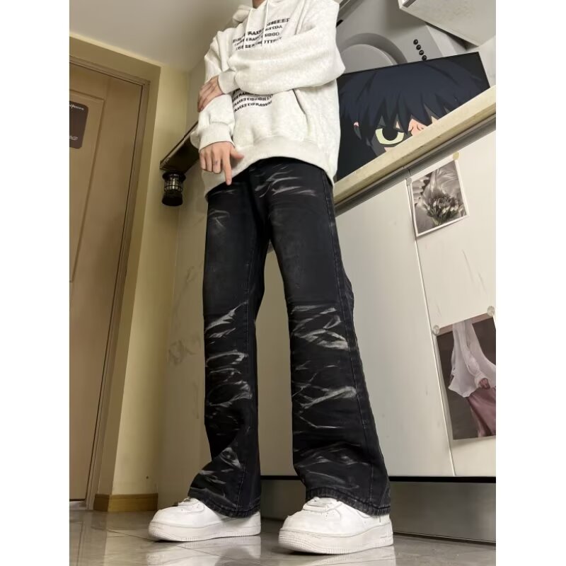 MA752-P50新款美式复古做旧水波纹牛仔裤宽松直筒欧美高街vibe裤,男装牛仔裤,星座1611A