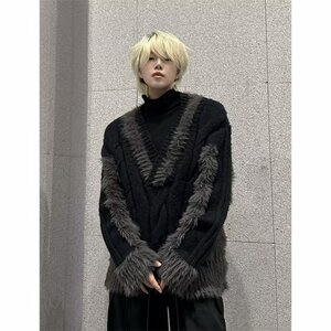 MA588-P60美式街头大V领毛绒拼接针织毛衣高街慵懒风宽松上衣图片